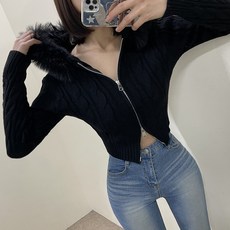 VANANA2 [데일리Pick] 퐁실퐁실 풍성한 퍼 후드 꽈배기 니트 투웨이 집업 가디건