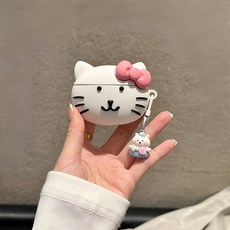귀여운 흰 고양이 변색방지 실리콘+ 카라비너 에어팟 케이스 세트, 화이트 큐티 고양이  걸은 장식, Airpods 4
