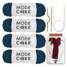 Knitt Mode Cake 編織線 100g x 4入 + Paul麻花圍巾織圖 + 6mm輪針 + 麻花針 + 縫合針 + 簡約長方形標籤套組, 22號丹寧色