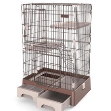 多功能三層豪華貓籠 貓屋 貓籠 移動式貓籠 自帶貓砂盆 閣樓式貓籠 大空間 貓跳台 貓砂盆 寵物籠 貓吊床, 深咖啡, 1個