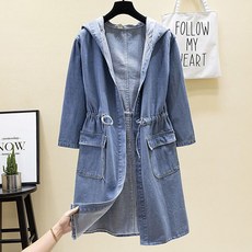 ROYALBELLE 여성 데님 후드 트렌치 코트 루즈핏 캐주얼 포켓 스트링 롱 아우터 V01021406