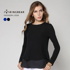 眼圈熊 中大尺碼優雅氣質船領長袖修身剪接厚感雪紡假兩件上衣 (黑.藍XL-3L), 黑2L