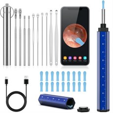 iOS 및 Android용 귀지 제거 도구 - 10개의 픽과 18개의 실리콘 스푼이 포함된 1296P HD 카메라 키트 안전한 귀 청소 시스템(블루)