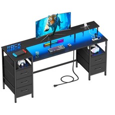 Korfile 47인치 컴퓨터 책상 5개의 패브릭 수납 서랍 전원 콘센트 및 LED 조명이 있는 게이밍 책상 작업 글쓰기 공부를 위한 모니터 스탠드가 있는 리버서블 홈 오피스, 61 Inch, Black