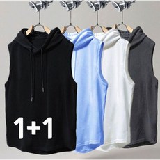 JUSTFEELING 2장세트(1+1) 후드 나시티 민소매 티셔츠 루즈핏 배기 남성 속건 박시 피트니스 조끼 트레이닝 남자 운동 기본핏 나시 상의