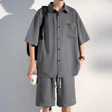 khs_lin2025夏季新款潮牌涼感冰絲短袖襯衫短褲男士透氣休閒運動兩件套裝 韓版套裝 春夏套裝