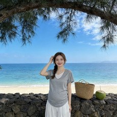 임산부 반팔티 봄 여름 캐주얼 여자 브이넥 페이크 반팔 티셔츠 루즈핏 임부복 상의 zzl