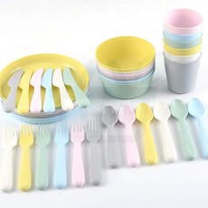 식기 칼라스 어린이 세트 접시 그릇 컵 포크 숟가락 나이프 이유식 플라스틱 용기 캠핑식기, 식기도구18종