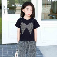 燙鑽流蘇兒童短袖套裝 蝴蝶亮鑽流星雨上衣褲子