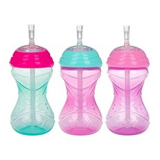 Nuby 3피스 여아용 흘림 방지 컵 및 유연한 빨대 295.7ml, Soft Straw with Clik It Lock F, 10 Ounce (Pack of 3), Pink/ Magenta & Aqua, Pink, Magenta & Aqua