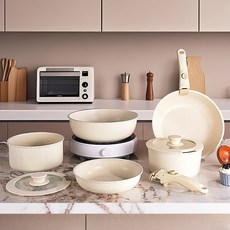 냄비 도구 식품 등급 코팅 냄비 세트 주방용 냄비 탈부착 손잡이 5피스, 1세트, 프라이팬26cm+프라이팬20cm+탕솥18cm, 크림