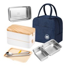 GRIT 感性木質2層不鏽鋼便當盒+保溫保冷袋+餐具組, 1套混色