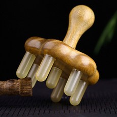 두피괄사 마사지기 림프마사지 괄사 스크래치 천연녹단목 마사지빗 승모근 시원한 건강한 스트레스해소, 매화 그린단 소뿔 수납 가방, 1개