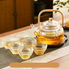 하이라이트용 소형 물끓이는 유리 손잡이, 901ml 이상 1L 이하, 1L, 뱀부우드 1000ml 연꽃잔 6개