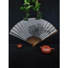 手繪山水畫宣紙摺扇 芝麻斑竹古方款, 如圖所示, 1個