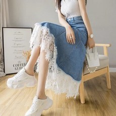 롱치마 여름 청치마 여성 레이스 라인 데님 롱스커트 언발