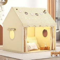 BIKASU 실내 놀이텐트 북유럽 체크 캠핑 휴대용 장난감하우스, 베이지, 1개