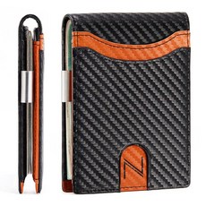 Zitahli 남성용 슬림 지갑 가죽 머니 클립 RFID 차단 전면 포켓 바이폴드 미니멀리스트 신용 카드 홀더 선물 상자 포함 카본 블랙 및 오렌지 184649 7717, 카본 블랙 액센트 오렌지