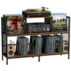 Sony 소니abecca Spacious 빈티지 레코드 플레이어 테이블 - 150-250개의 비닐 앨범 보관 조절 가능한 칸막이 측면 디스플레이 영역 거실 침실 사무실에, 4개의 조절 가능한 칸막이가 있는 대형 빈티지 레코드