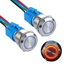 DMWD 22mm 금속 래칭 푸시 버튼 스위치 2개 12V-24V 온오프 1NO 1NC 실버 쉘 하네스 포함 2.2cm(7/8인치) 장착 구멍 헤일로 링 LED 레드 라이, DMWD 22mm 금속 래칭 푸시 버튼 스위치 2개,