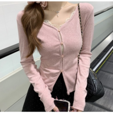 여성용 로닝 레이스 니트스파이스 걸스 짝퉁 브이넥 티셔츠 두 벌핑크색