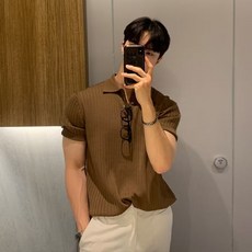 ANYOU 남성 반팔 니트 티셔츠 여름 반팔 슬림 코디 카라 상의