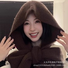 LFUG 臺灣出貨 設計感條紋針織連帽披肩女秋冬新款保暖圍巾帽子一體外搭護頸圍脖