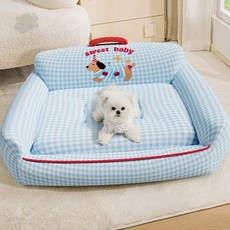 반려동물 체크무늬 소파형 쿠션 테두리 쿠션 푹신한 충전재 거실 침실 휴식공간, 1개, 체크블루 62X57
