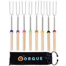 CORQUE 마시멜로 로스팅 스틱 스모어 스틱 확장 가능 화덕용 캠핑 꼬치 나무 손잡이 BBQ 핫도그 요리 캠프파이어 모닥불용 81.3cm(32인치) 금속 8개, Light-Oak-8PK