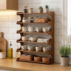 쿠리브 수납선반 책상 주방 정리 다용도다용도선반 천연 소재 컵정리대, 4단, 월넛