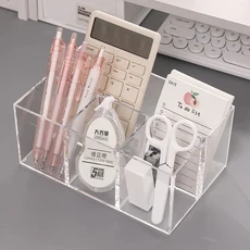 4칸 아크릴 펜홀더 고투명 책상 정리함, 1개, 투명색