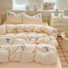 藍色狗狗毛巾繡全棉牀上四件套卡通風純棉被套牀單兒童三件套, 1個, 奶昔白蝴蝶結:1.2m牀三件套-牀單款(被套155*210cm)