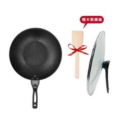 韓國麥飯石不粘鍋32cm炒鍋三件組 (附玻璃上蓋和木鏟一個), 1個