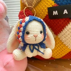 토끼 뜨개도안 인형키링 장난감 DIY 코바늘뜨기 패키지, 파란색 체크무늬 모자 토끼 DIY 재료 키트, 1개