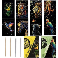 Georgie Porgy 스크래치 페이퍼 아트 세트 어린이 성인용 매직 레인보우 스크래치보드 DIY 예술 및 공예 키트 크리스마스 생일 선물 스크래치 도구 키트 포함 (책갈피-, A5-야광운 엘프 + 숲 동물