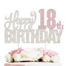 Nelbiirth Happy 18th Birthday 핑크 & 실버 라인스톤 케이크 토퍼 - 건배 18세 18세 생일 금속 반짝이는 케이크 센터피스 토퍼 장식 표지판.