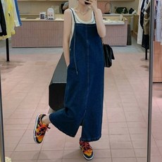 여성용 와이드 데님 나시 트임 롱 멜빵 청원피스