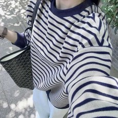 大丫 小丫 女條紋長袖上衣 圓領長袖T恤 新款春秋寬鬆學生韓系慵懶風無帽上衣