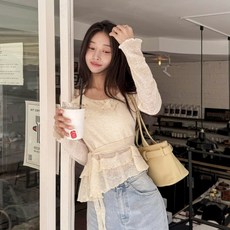 떳다그녀 쁘띠엘 러플 블라우스 홀터넥 나시 셋업 시스루 크링클 셔링 프릴 레이어드 투피스 니트 세트