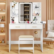 QUALIKRAFT 전원 콘센트 및 스툴이 있는 조명 메이크업 화장대 책상 LED 거울이 있는 화이트 드레싱 테이블 서랍 포함 침실 정리용 선반 6개 여성용 선물, SZT--WS--02