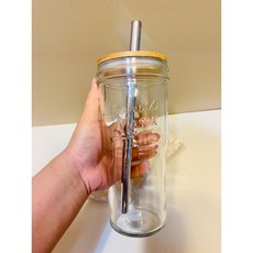 咖啡杯chill美國交換禮物梅森罐玻璃杯 附蓋子 不銹鏽鋼吸管 24oz 沙拉罐 寬口玻璃瓶生日杯玻璃杯, 1個, 梅森罐+蓋子+鋼吸管