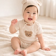 에뜨람 순면 아기 바디수트 보넷 세트 보넷모자 반팔 우주복 실내복 신생아 백일 kc인증