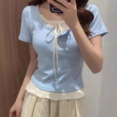 유니픽 여성 여름 루즈핏 스트라이프 원형네크라인 반팔 티셔츠 진주 버튼 디자인wd