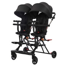 쌍둥이 유모차 폴딩 트라이크 휴대용 접이식 더블시트, 블랙+발판+좌석 회전형