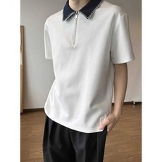 배색 하프집업 반팔 티셔츠 폴로스타일 오버핏 남녀공용 통근룩 캐주얼 반팔티