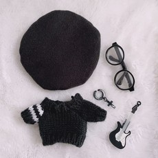 臺灣爆款 娃衣 配件 娃娃配飾 娃娃衣服 10cm娃衣拽酷神秘黑帥氣男友風翅膀眼鏡耳環棉花娃娃衣服可愛, 10cm黑帽+毛衣+眼鏡+吉他（關注送耳, 1個