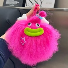 臺灣出貨 嘟嘟脣DIY長髮怪醜萌搞笑卡通公仔鑰匙扣掛件個性毛絨玩偶包掛飾, 1個, 玫紅色