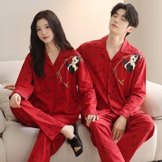 情侶睡衣紅色翻領開衫長袖 韓版大碼男女款本命年喜慶家居服