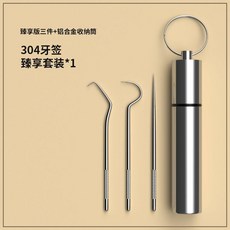 304不鏽鋼牙線剔牙神器便攜牙籤勾針, 1個, 钃-臻享套裝三支+收納筒
