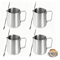 4피스 스테인리스 스틸 우유 거품 피처 355ml12온스 라떼 아트 펜 포함 커피 바 카푸치노 바리스타 도구 우유 저그 스팀기 거품기 컵용, 4피스 스테인리스 스틸 우유 거품 피처 355ml12온